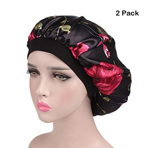 Magik Women Satin Night Sleep Cap Hair Bonnet Hat Silk Head Cover Wide Elastic Band (2 Pack, Black Flower)