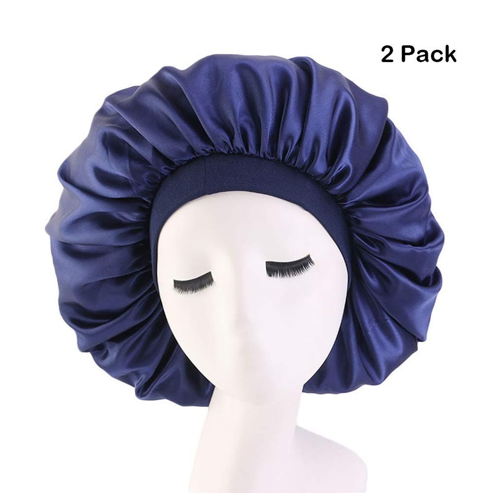 Magik Extra Large Long Hair Care Satin Bonnet Cap Night Sleep Hat Head Wrap Cover (Navy, 2)