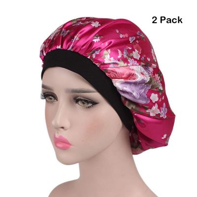 Magik Women Satin Night Sleep Cap Hair Bonnet Hat Silk Head Cover Wide Elastic Band (2 Pack, Hot Pink Flower)