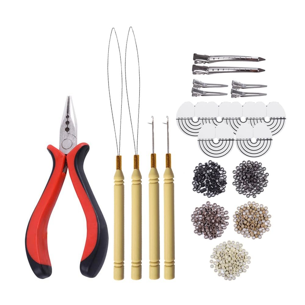 1000 Pcs Silicone Micro Rings Hair Extensions Tools Kit: Three-hole Hair Pliers, Micro Pulling Hook Needle, Loop Threader and Silicone Micro Links Rings Beads (5 Colors)