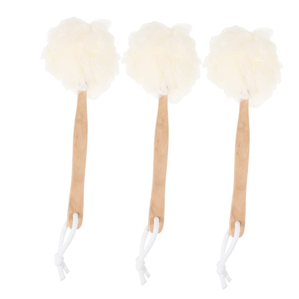 3pcs Exfoliating Sponge Body Scrubber Puff Sponge Back Scrubber Exfoliating Loofah Back Scrubber Mesh Bath Sponge Massage Man Long Handle Log Cleaning Brush White