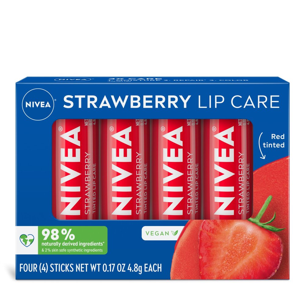 NIVEA Strawberry Lip Care, Red Tinted Lip Balm Pack with Shea Butter, Nourishing Oils and Vitamin C & E, 3-in-1 Moisture, Repair and Color, 0.17 Oz Stick, Pack of 4