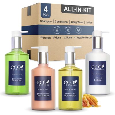 Eco Botanics Hotel Amenities Set | 10.14oz Pump Bottles | Shampoo, Conditioner, Hand & Body Wash, and Lotion | Set of 4