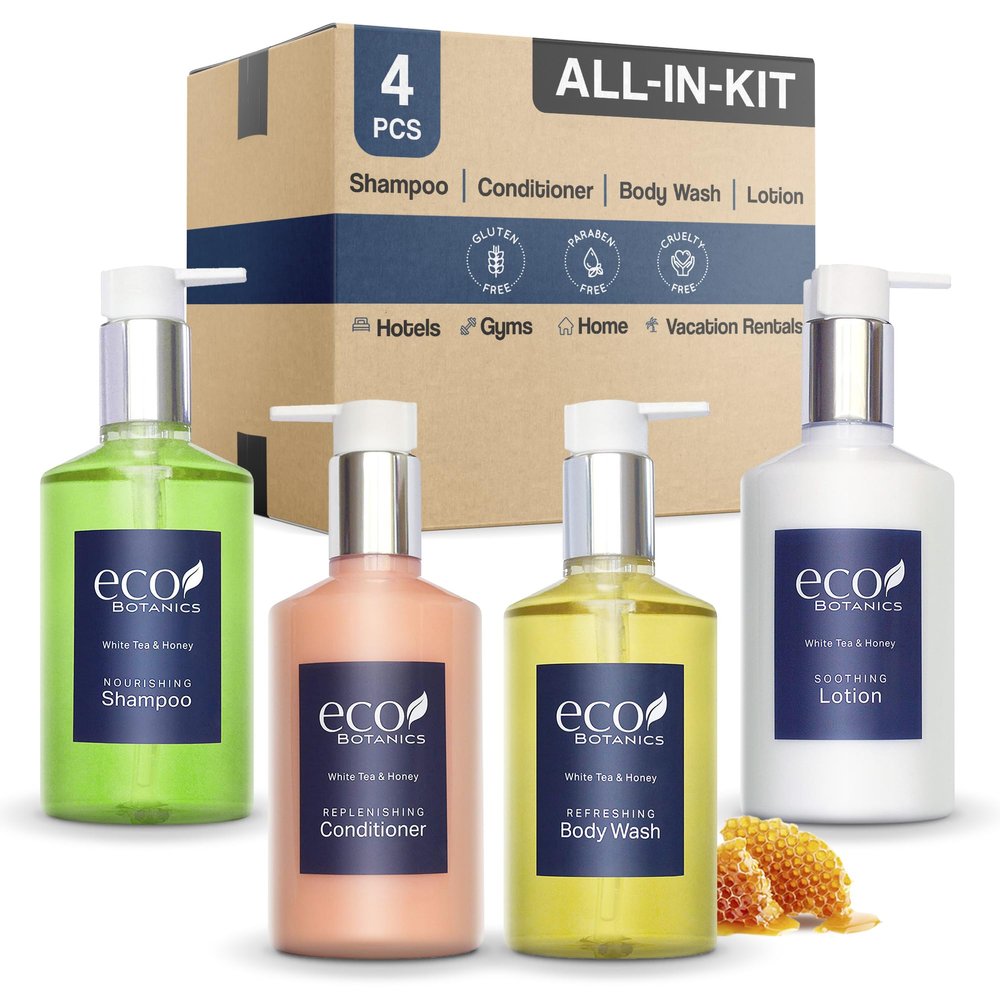 Eco Botanics Hotel Amenities Set | 10.14oz Pump Bottles | Shampoo, Conditioner, Hand & Body Wash, and Lotion | Set of 4
