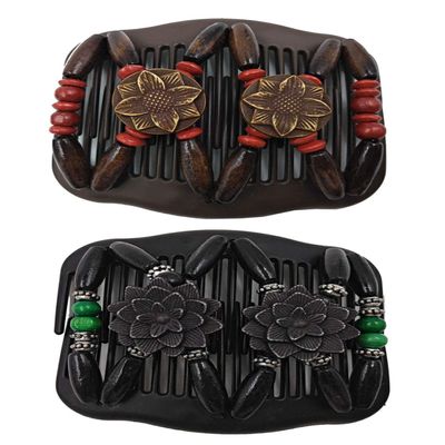 2PCS Double Stretchy Hair Comb Magic Hair Combs Wood Beads Clip Hair Bun Hair Side Combs Flower Beads Hair Accessory for Women Fashion Hairstyles (Red+Green)