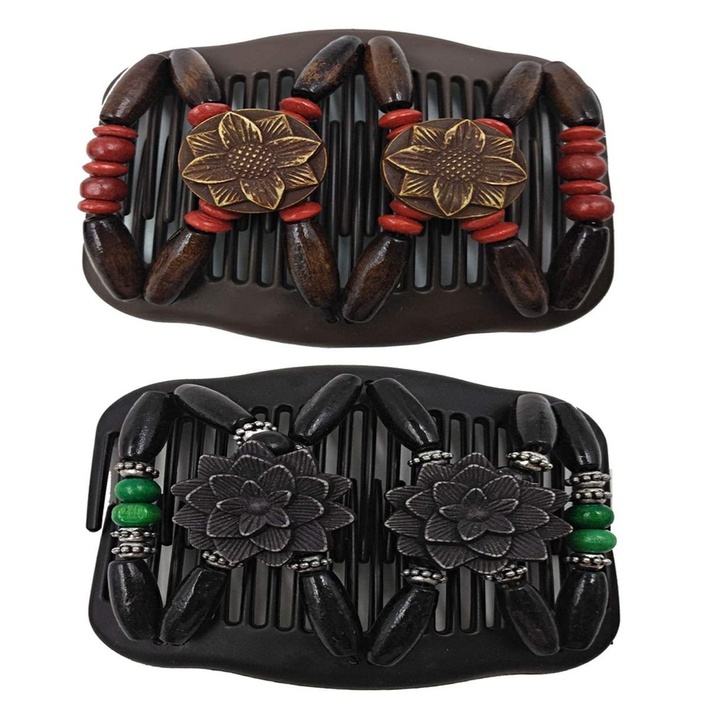 2PCS Double Stretchy Hair Comb Magic Hair Combs Wood Beads Clip Hair Bun Hair Side Combs Flower Beads Hair Accessory for Women Fashion Hairstyles (Red+Green)