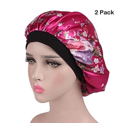 Magik Women Satin Night Sleep Cap Hair Bonnet Hat Silk Head Cover Wide Elastic Band (2 Pack, Burgundy Flower)