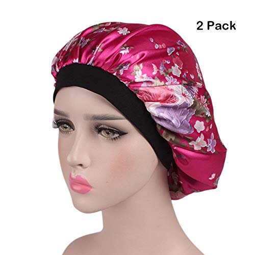 Magik Women Satin Night Sleep Cap Hair Bonnet Hat Silk Head Cover Wide Elastic Band (2 Pack, Burgundy Flower)