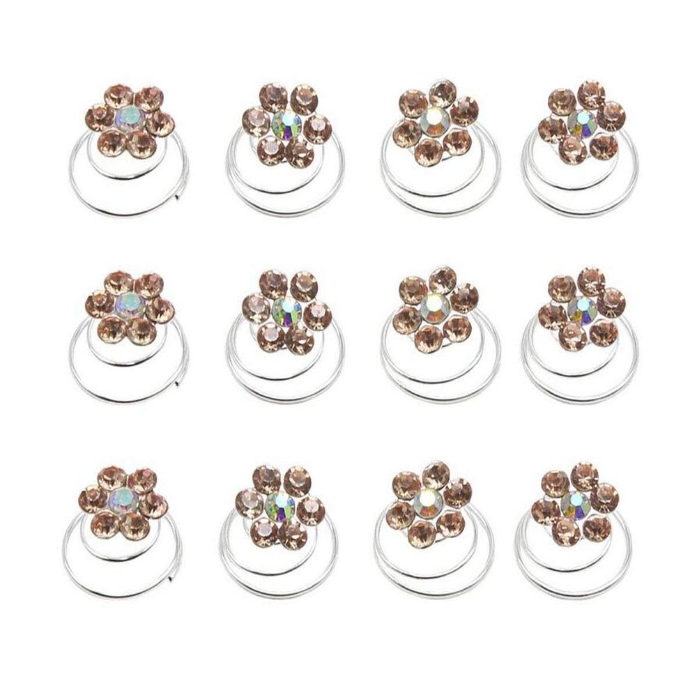 24PCS Rhinestone Flower Spiral Hair Pin Crystal Hair Twisters Coils Hair Clips Metal Spiral Twist Hairpins Hair Pins Wedding Bridal Hair Accessories (Champagne)