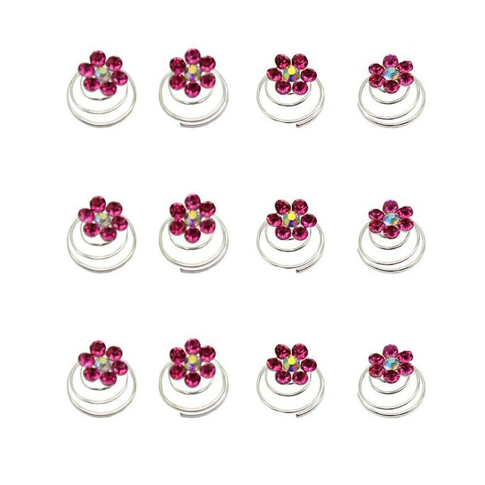 24PCS Rhinestone Flower Spiral Hair Pin Crystal Hair Twisters Coils Hair Clips Metal Spiral Twist Hairpins Hair Pins Wedding Bridal Hair Accessories (Rose Red)