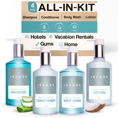 1-Shoppe Infuse 4 Piece Ecobox All-In-Kit | White Tea and Coconut Soap | 1 Shampoo, 1 Conditioner, 1 Body Wash and 1 Lotion | 10.14 oz Hotel Soaps and Toiletries Bulk | Personal Care Products