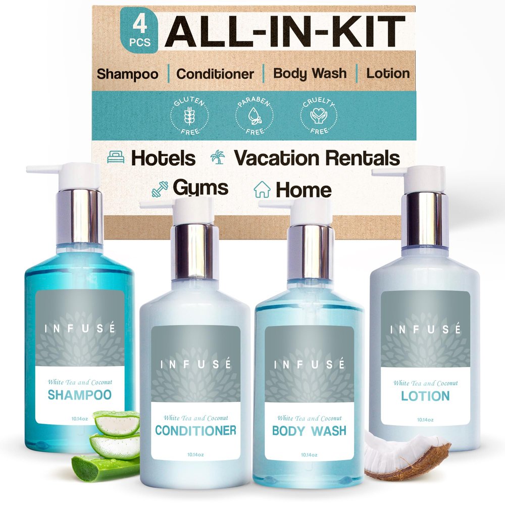 1-Shoppe Infuse 4 Piece Ecobox All-In-Kit | White Tea and Coconut Soap | 1 Shampoo, 1 Conditioner, 1 Body Wash and 1 Lotion | 10.14 oz Hotel Soaps and Toiletries Bulk | Personal Care Products