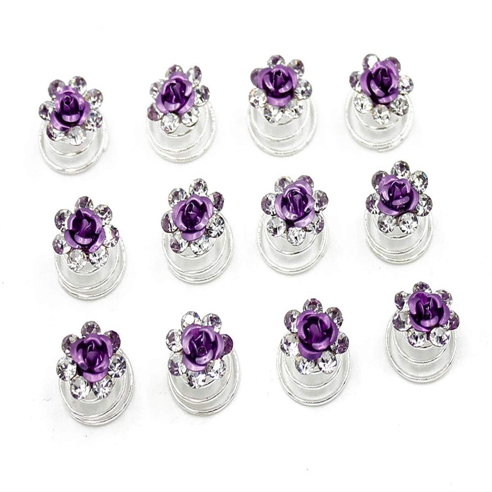 24 Pcs Bridal Wedding Rhinstone Spiral Twist Screw Hair Pins Rose Flower Hair Clips Spiral Bobby Pins Hair Bun Styling Tool Hair Accessories (Purple)