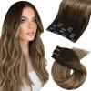 Moresoo Short Hair Extensions Clip ins Balayage Double Weft 12 inch Clip in Hair Extensions Real Human Hair for Women Ombre Dark Brown to Golden Brown with Blonde 5pcs/80g view 1