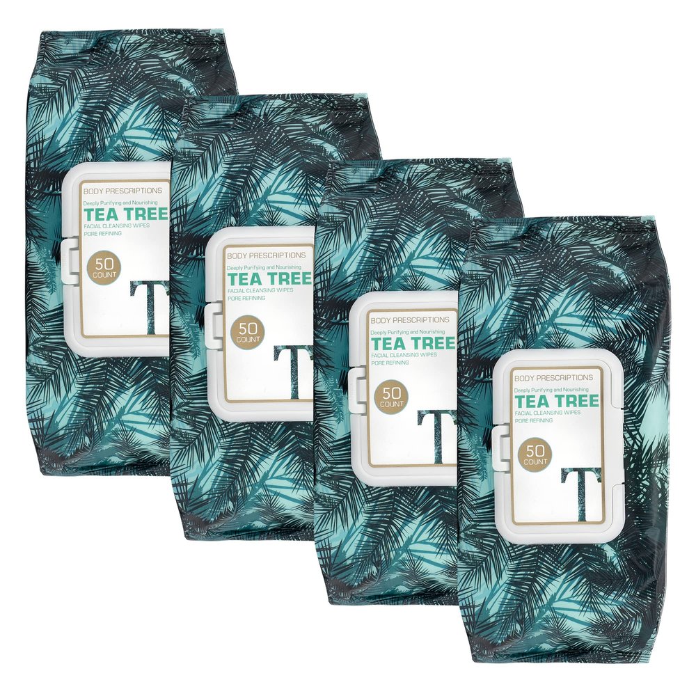 Body Prescription Makeup Cleansing Wipes - Gentle and Effective Face Wipes, 50 Count (Pack of 4), Tea-Tree
