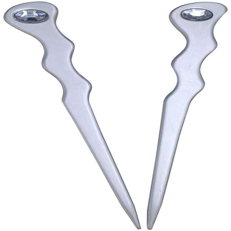 (2) Anodized Aluminum Matte Finished Spiral 6" Hair Sticks with Clear Rhinestones Unbreakable Waterproof Pick Pic Pin Fork (Silver)