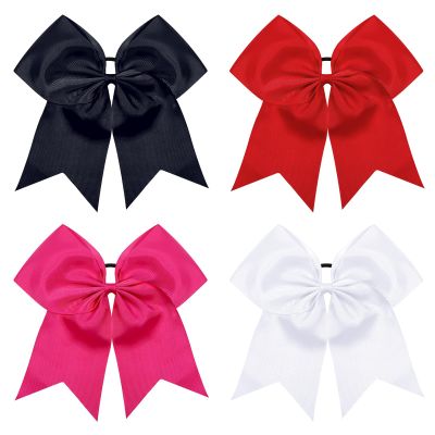 TUUXI 4pcs Large Cheering Hair Bows 8 Inch Cheerleading Bows with Elastic Hair Ties Bands Ponytail Holder for Cheerleaders Softball Football Competition College Sport Black Red Pink White