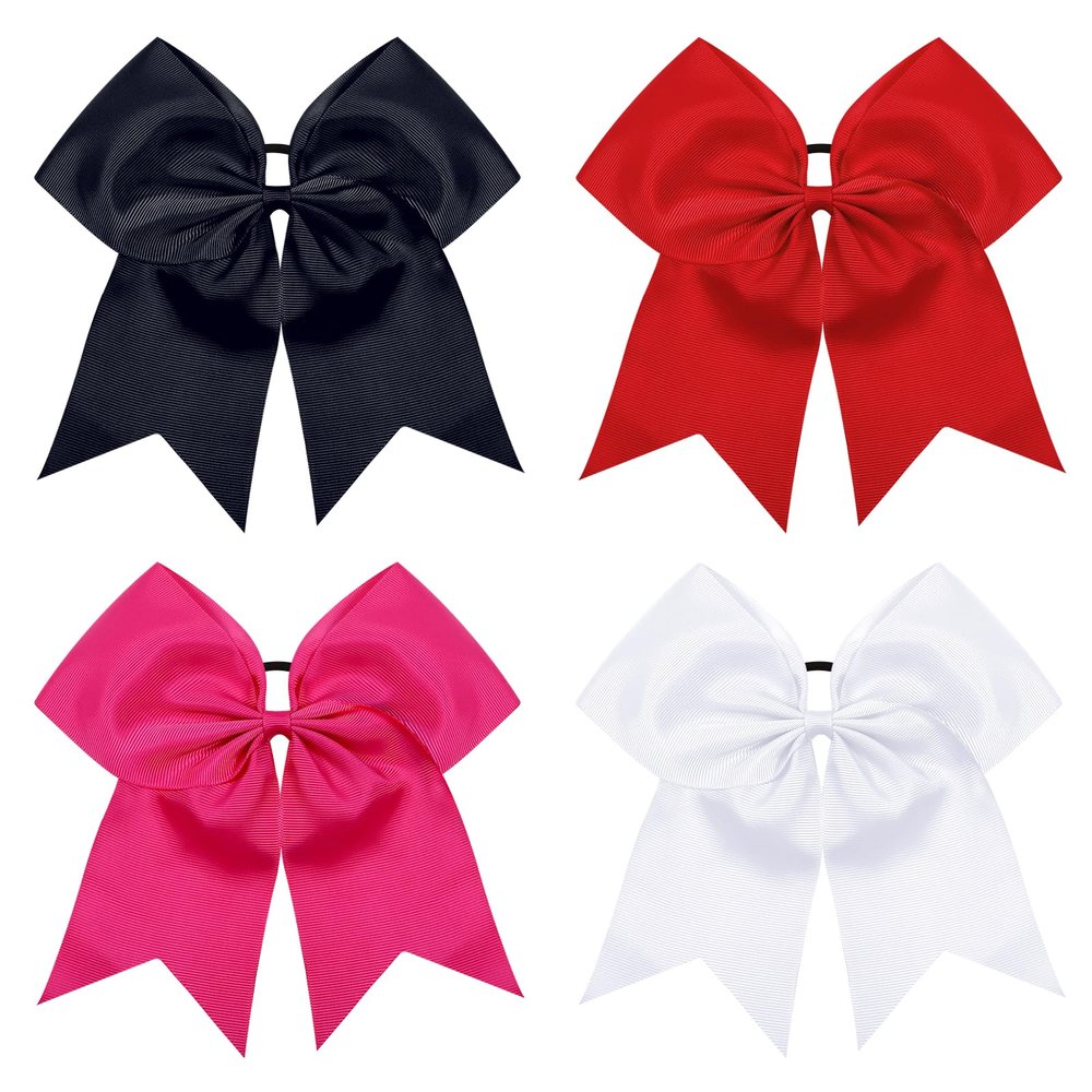 TUUXI 4pcs Large Cheering Hair Bows 8 Inch Cheerleading Bows with Elastic Hair Ties Bands Ponytail Holder for Cheerleaders Softball Football Competition College Sport Black Red Pink White