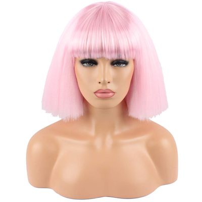 Riyang Women's Cosplay Wig with Full Bangs Short BOB Kinky Straight Hair Heat Resistant Pink