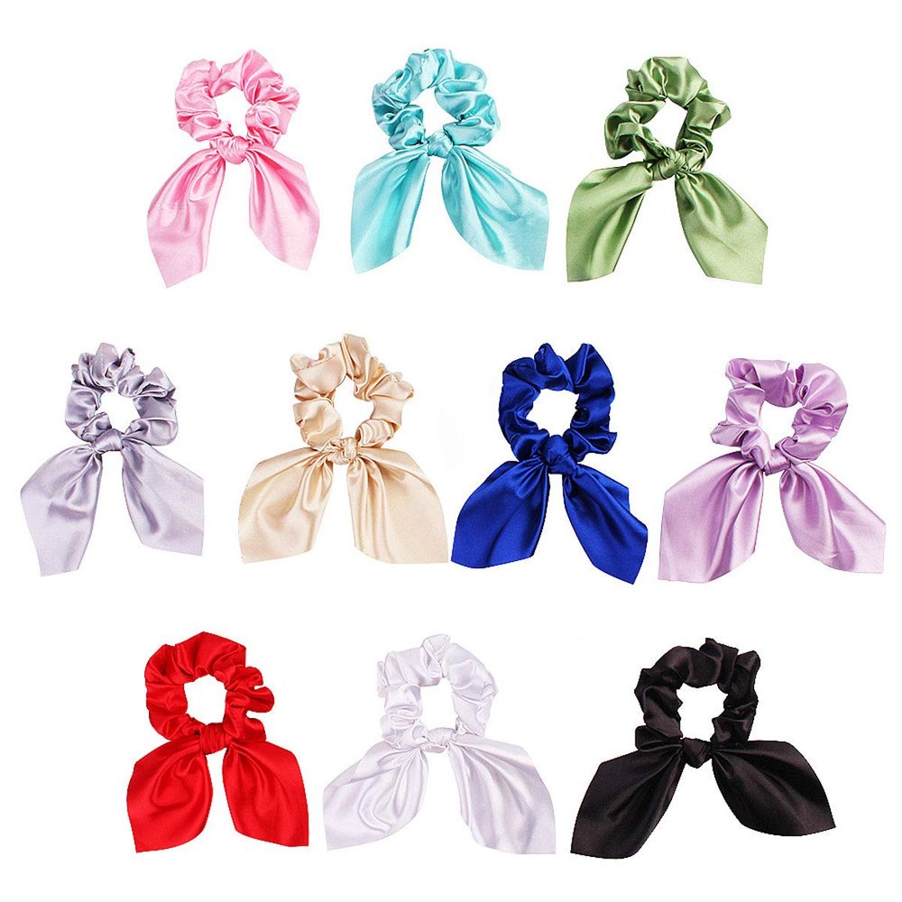 10 Pcs Solid Color Silk Satin Scrunchy Rabbit Ears Hair Ties Hair Scrunchies Soft Elastic Hair Rope Ponytail Holder Women Hair Accessories (Random Color)