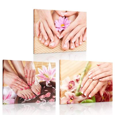 iKNOW FOTO Canvas Set of 3 Wall Art Manicure Painting Hands Foot Bath Massage Spa Still Life with Flowers Pictures Nails Beauty Salon Posters Printed Giclee Print Gallery Wrap for Walls