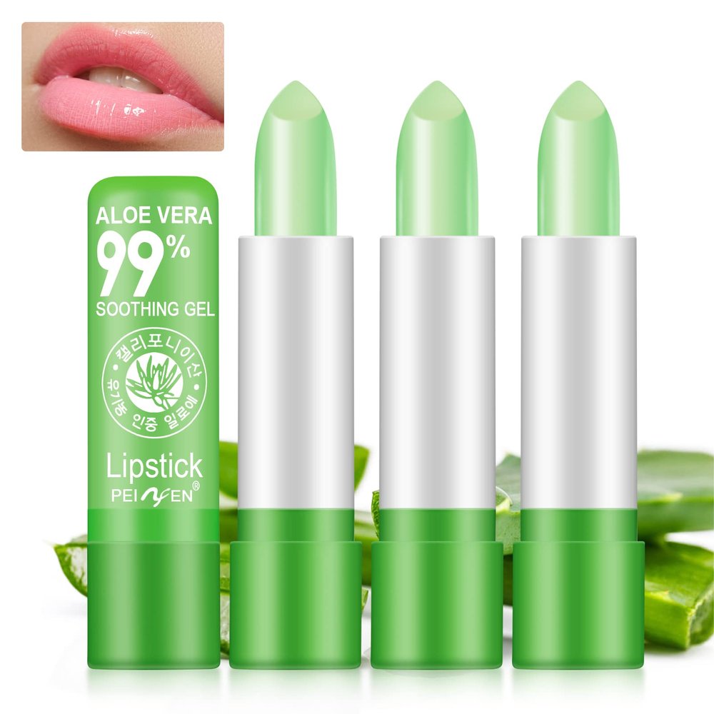 3PCS Aloe Vera Lipstick, Color Changing Lipstick,24H Long Lasting Nutritious Soothing Lip Balm,Magic Moisturizer Temperature Color Change Aloe Vera Lip Gloss Lip Care Set for Women