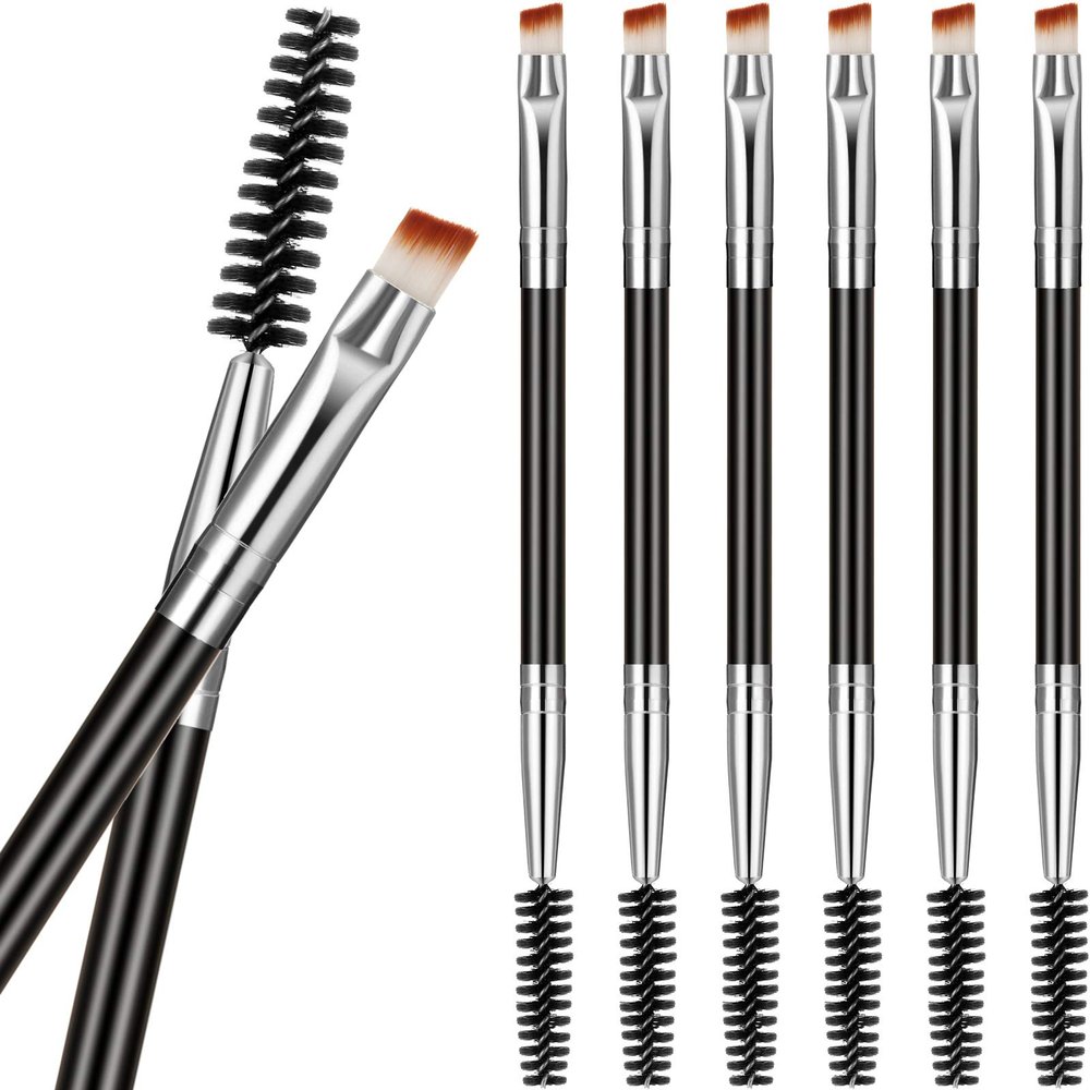 6 Pieces Duo Eyebrow Brush Angled Spoolie Brush Mini Eyelash for Tinting Angled Eyebrow, Fit for Gel and Cream(Silver)