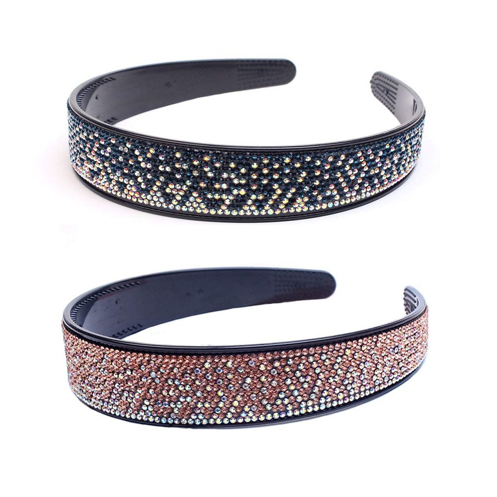 2 Pcs Shining Colorful Rhinestone Crystal Hair Band Non-Slip Teeth Full Rhinestone Plastic Headbands Hair Hoop Hair Accessories for Women (B#)