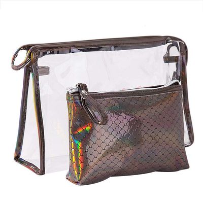 ASWER Portable Cosmetic Makeup Bag Set of 2 Different Sizes Toiletry Pouch Purse Bags Brown