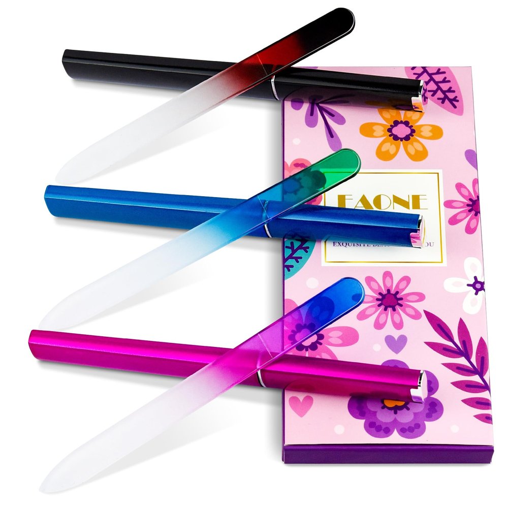 EAONE Crystal Glass Nail File with Case 3 Pack, Double-Sided Etched Fingernail Files for Natural Nails Professional Footnail Care Tool, Stocking Stuffers for Women Girls Gifts