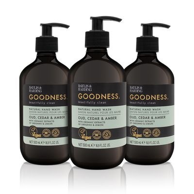 Baylis & Harding Liquid Hand Soap Wash with Dispenser, Goodness, Oud Cedar & Amber, 16.9oz/500ml (3-Pack)