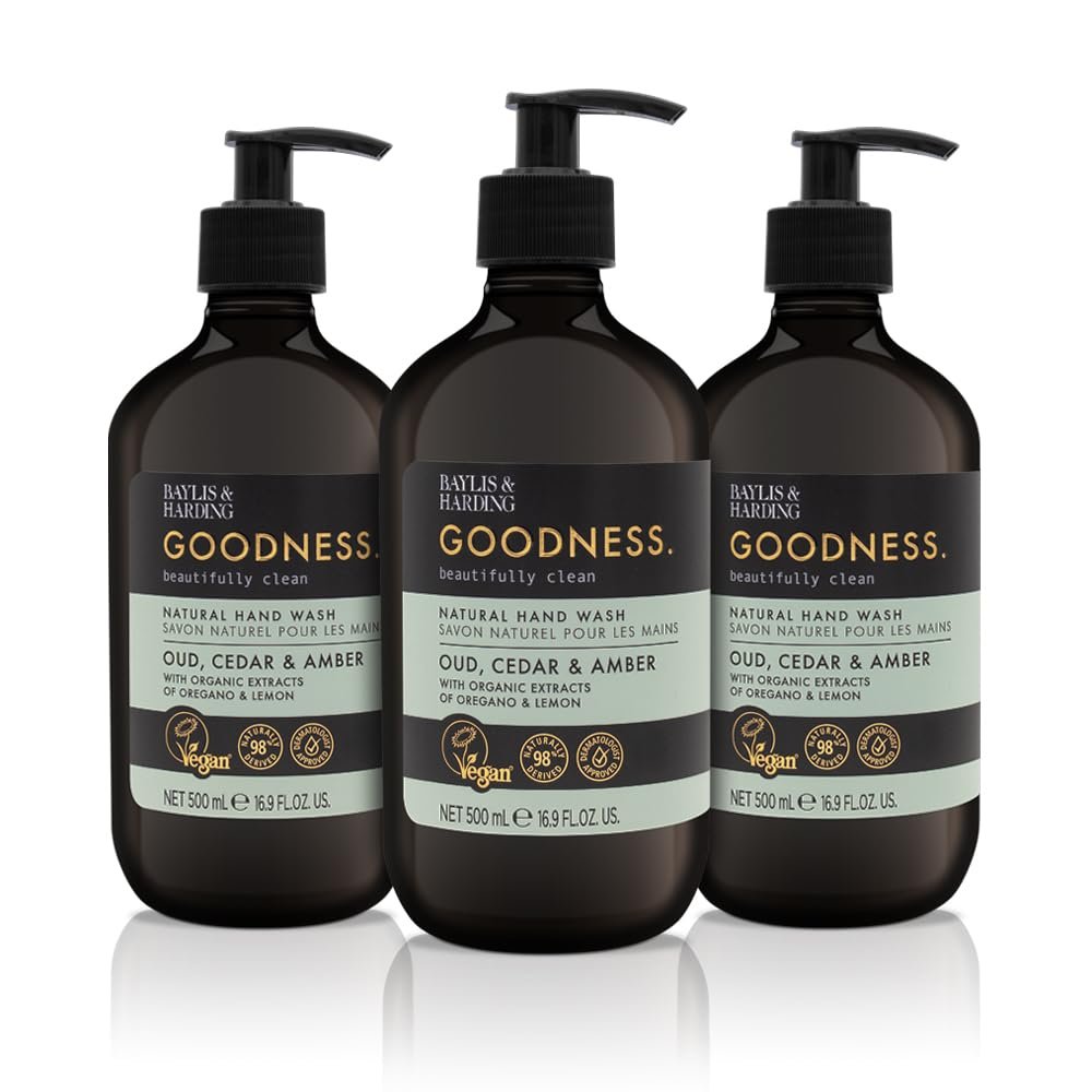 Baylis & Harding Liquid Hand Soap Wash with Dispenser, Goodness, Oud Cedar & Amber, 16.9oz/500ml (3-Pack)