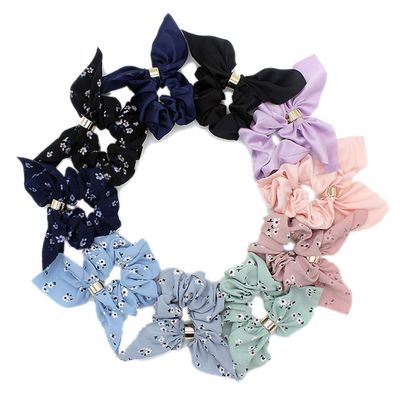10 Pcs Chiffon Rabbit Ears Knotted Hair Scrunchies Elastic Hair Rope Hair Ties Hair Bands Women Hair Accessories (6 Pieces of Floral and 4 Solid Colors)