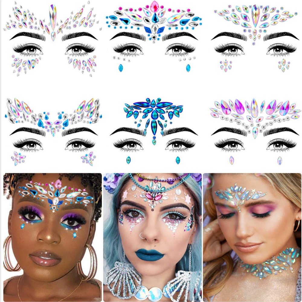 iMethod Mermaid Face Jewels - Stick On Gems, Rave Accessories for Festival & Holiday Costumes, 6 Pcs, Multicolored