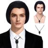 QACCF Mens 70s hippie Short Straight Black Vincent Vega Costume Wig with Widows Peak + 1 Bolo Tie view 3