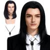 QACCF Mens 70s hippie Short Straight Black Vincent Vega Costume Wig with Widows Peak + 1 Bolo Tie view 4