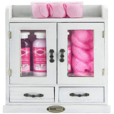BRUBAKER Cosmetics 10-Piece Bath and Body Gift Set - Cherry Blossoms & Rice Milk - Vegan - Spa Gift in Wooden Cabinet - Vintage White