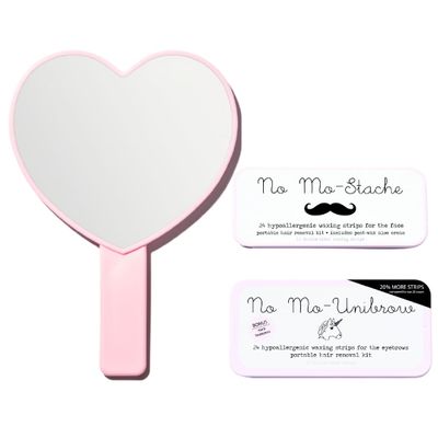 No Mo-Stache Great Face Bundle - Hypoallergenic Waxing Strips For Facial Hair and Eyebrows - 48 Waxing Strips For Lip and Brows Hair Removal + Post Wax Aloe Cream + Handheld Heartshaped Mirror