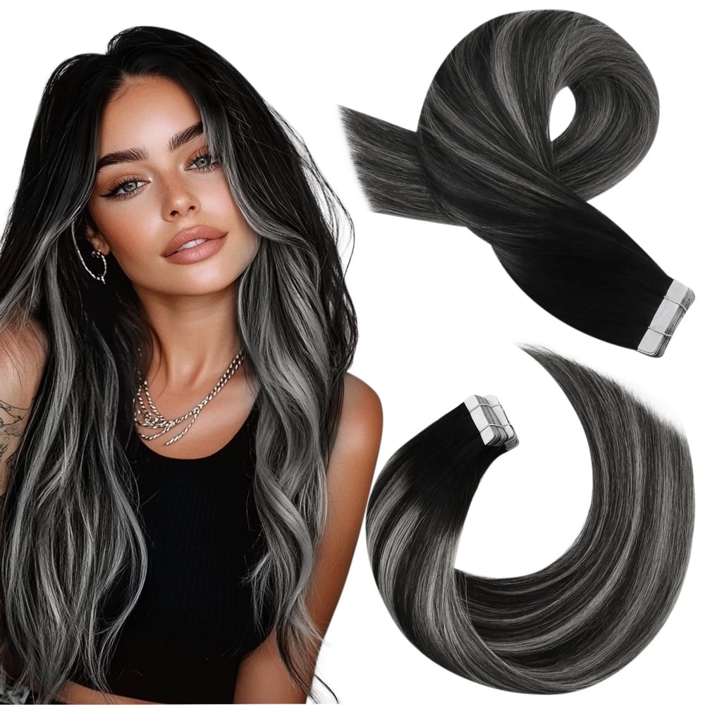 Moresoo Tape in Hair Extensions Human Hair 20 Inch Balayage Black and Silver Hair Extensions Tape in Real Hair 20 Pcs 50G Straight Hair Tape in Human Hair Extensions Fashion Mix Color #1B/Silver/1B