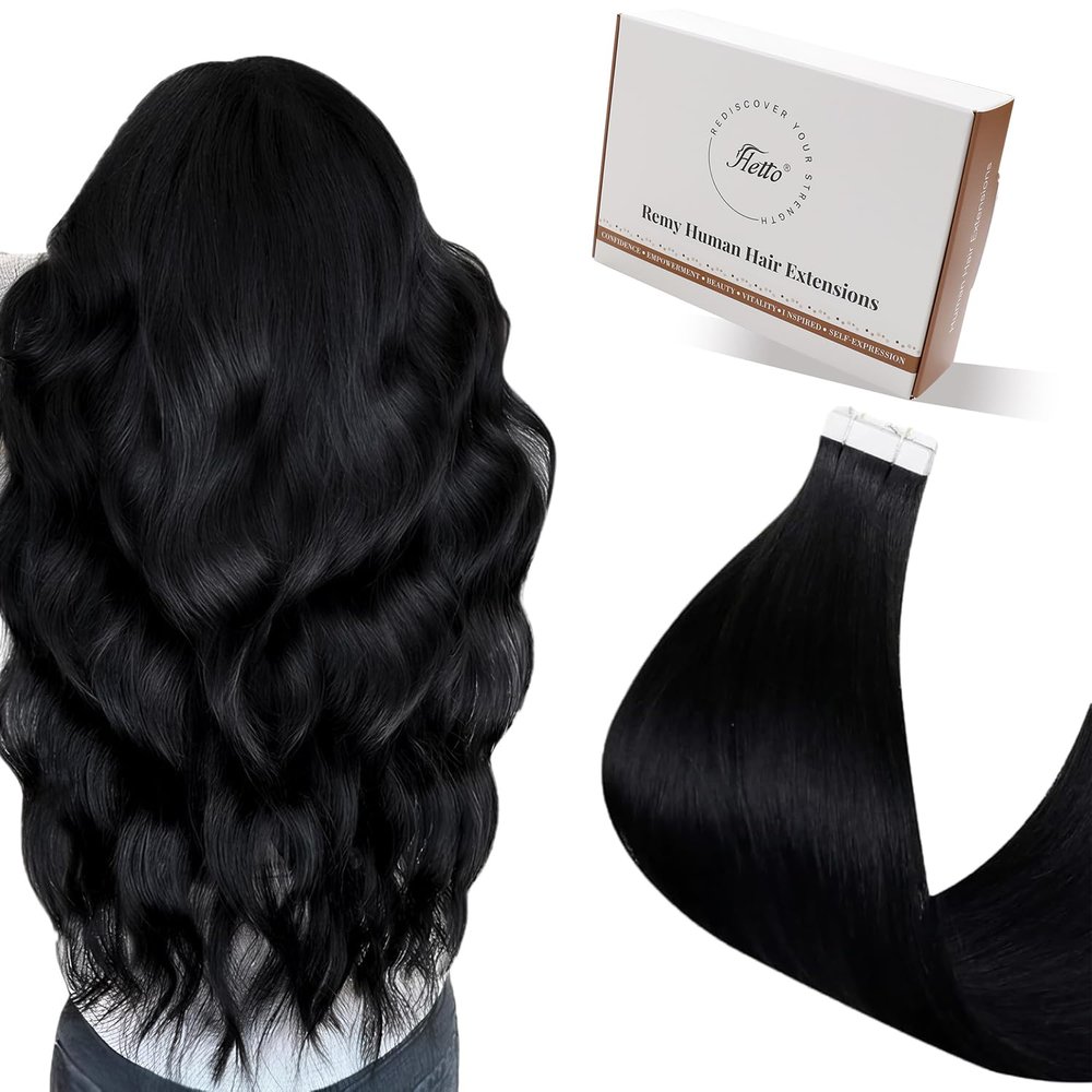 Hetto Tape in Hair Extensions Real Human Hair Black Tape in Extensions Real human hair Double Sided Tape ins Human Hair Extension Jet Black Soft Straight 16Inch 50g 20pcs