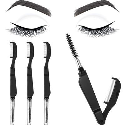Boao 4 Pcs Eyelash Combs Eyebrow Combs Foldable Eyelash Separator Tool Stainless Steel Teeth Brow Brushes Mascara Brushes Eyebrow Spoolie Grooming Makeup Tool, Black