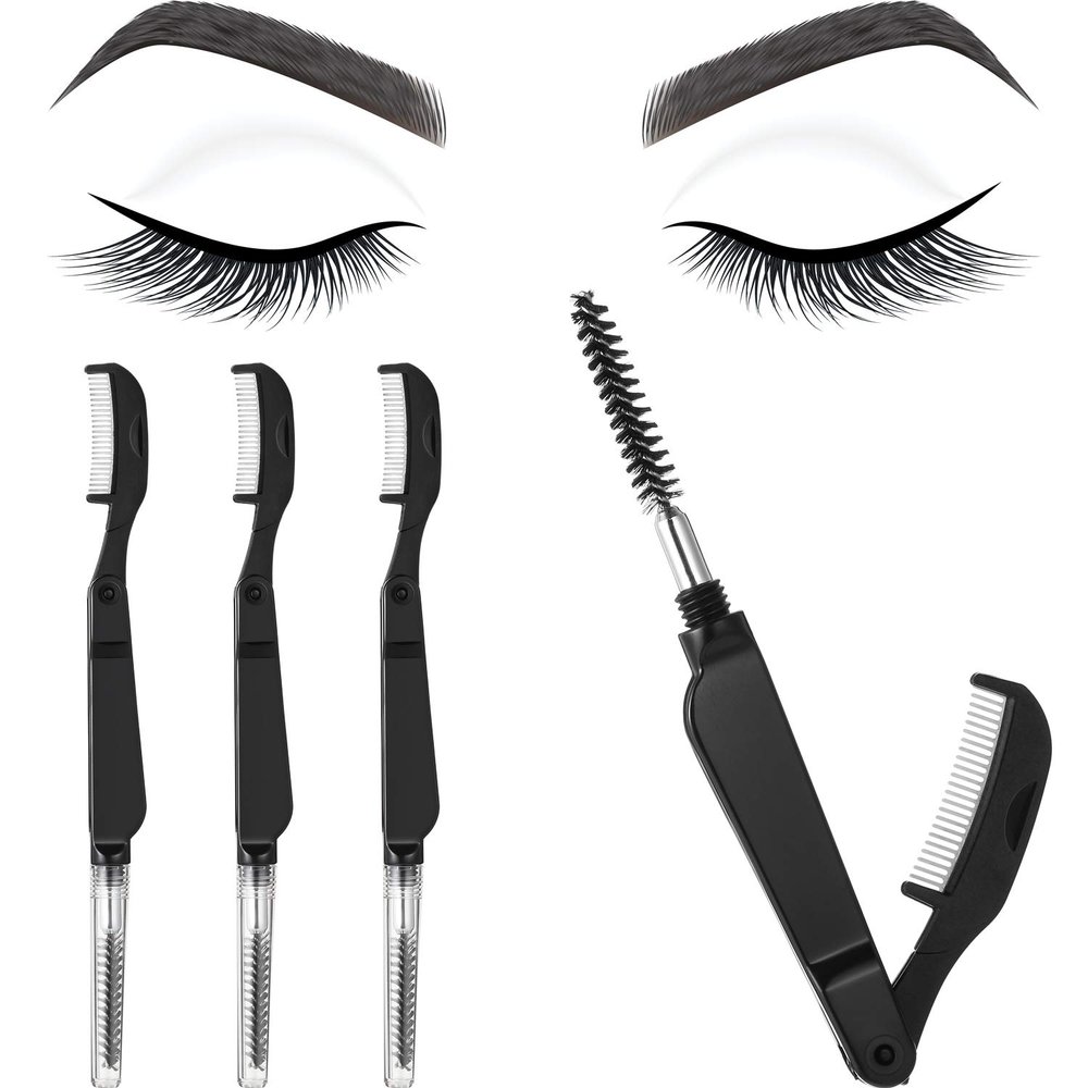 Boao 4 Pcs Eyelash Combs Eyebrow Combs Foldable Eyelash Separator Tool Stainless Steel Teeth Brow Brushes Mascara Brushes Eyebrow Spoolie Grooming Makeup Tool, Black