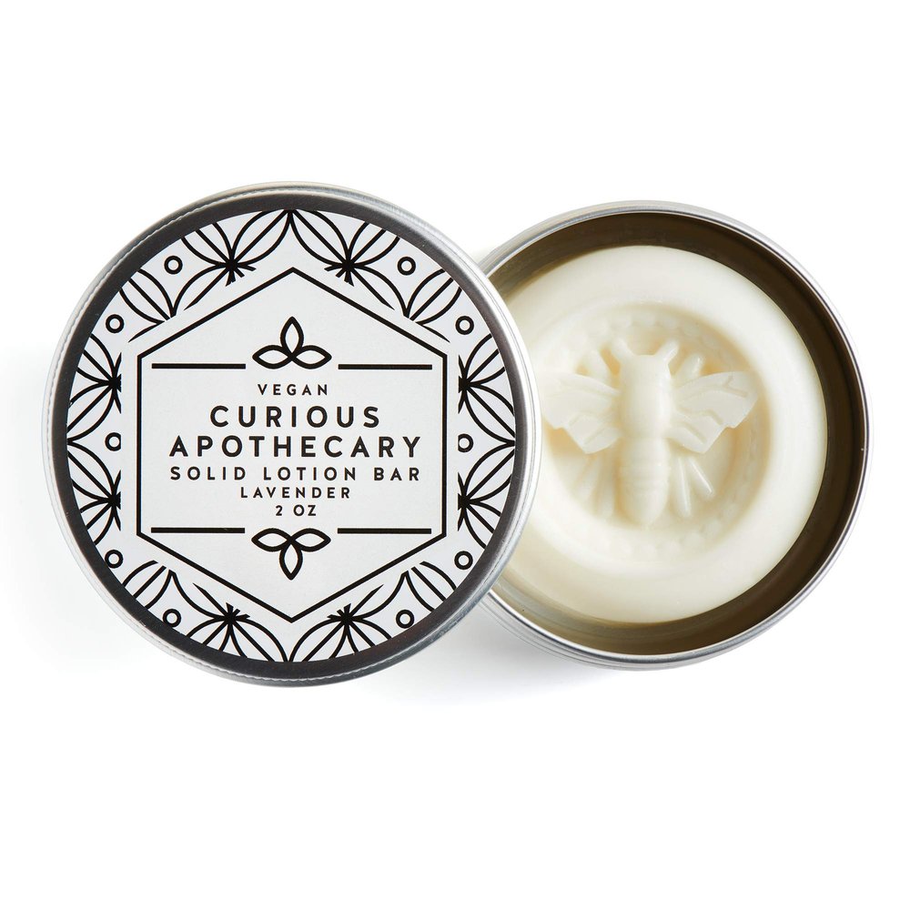 Curious Apothecary Vegan Natural Solid Lotion Bar for Face, Hands, Feet. Lavender essential oil scent. 2 ounce tin