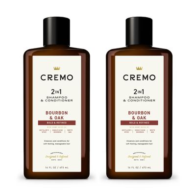 Cremo Bourbon & Oak Barber Grade 2-in-1 Shampoo & Conditioner, 16 Fl Oz (2-Pack) - A Sophisticated Blend of Distillers Spice, Fine Bourbon and White Oak