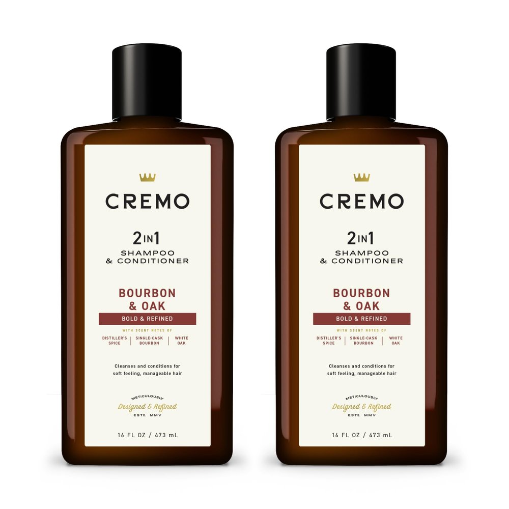 Cremo Bourbon & Oak Barber Grade 2-in-1 Shampoo & Conditioner, 16 Fl Oz (2-Pack) - A Sophisticated Blend of Distillers Spice, Fine Bourbon and White Oak