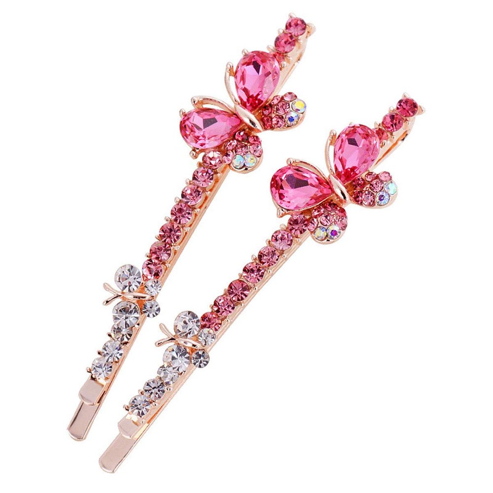 2 Pcs Shiny Rhinestone Crystal Butterfly Hairpins Alloy Side Clip Barrettes Hair Clip Bobby Pins Elegant Hair Accessories for Women (Rose Red)