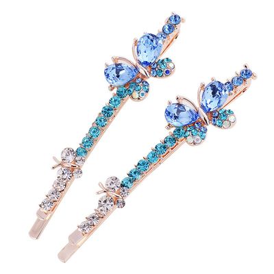 2 Pcs Shiny Rhinestone Crystal Butterfly Hairpins Alloy Side Clip Barrettes Hair Clip Bobby Pins Elegant Hair Accessories for Women (Blue)