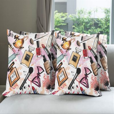Ambesonne Fashion Throw Pillow Cushion Case Pack of 4, Cosmetic and Makeup Theme Pattern Perfume Lipstick Nail Polish Brush Modern, Modern Accent Double-Sided Digital Printing, 20", Coral White