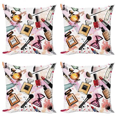 Ambesonne Fashion Throw Pillow Cushion Case Pack of 4, Cosmetic and Makeup Theme Pattern Perfume Lipstick Nail Polish Brush Modern, Modern Accent Double-Sided Digital Printing, 24", Coral White