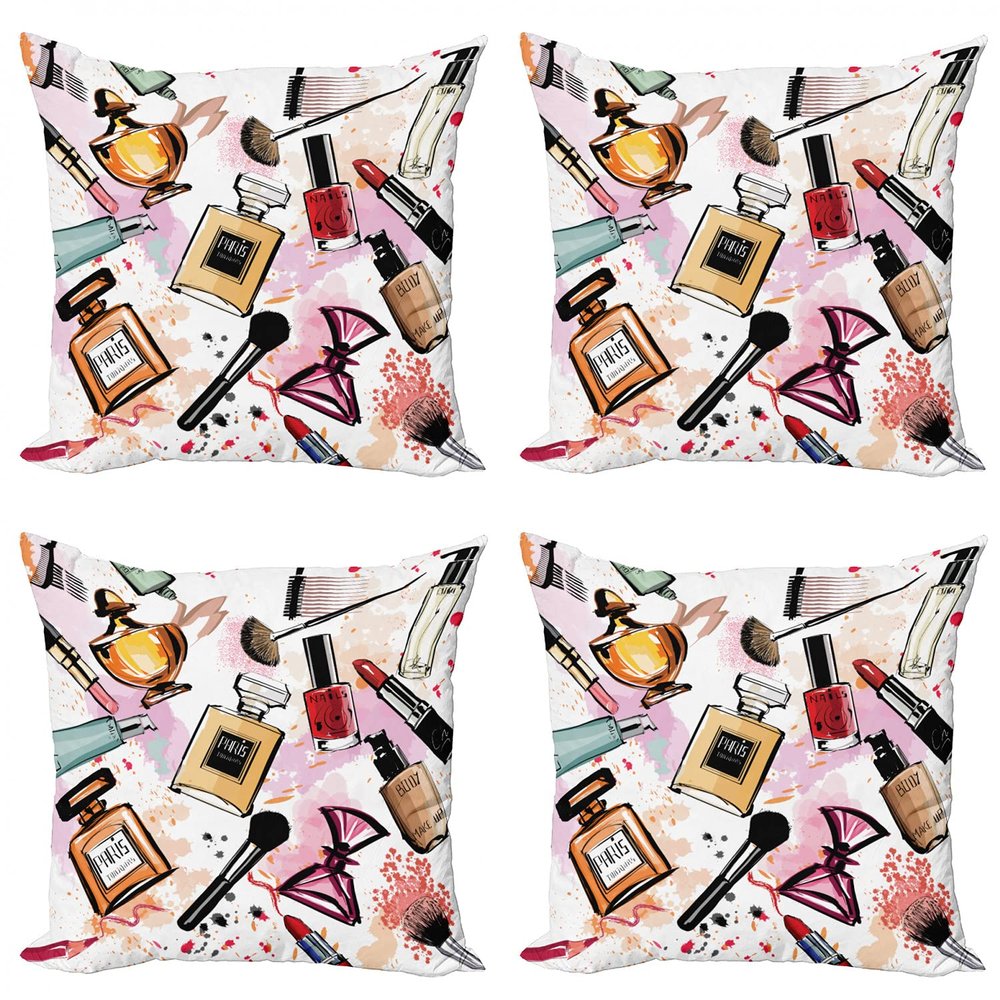 Ambesonne Fashion Throw Pillow Cushion Case Pack of 4, Cosmetic and Makeup Theme Pattern Perfume Lipstick Nail Polish Brush Modern, Modern Accent Double-Sided Digital Printing, 24", Coral White